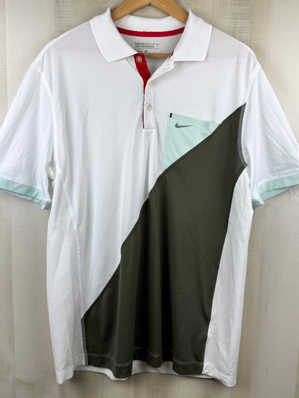 Nike Tour Performance Dri-Fit Mens Short Sleeve Golf Shirt White Green Gray Sz L